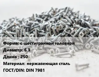 Шуруп с шестигранной головкой 6.3х250 нержавеющая сталь ГОСТ: DIN 7981